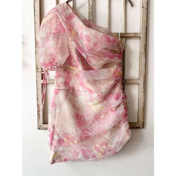 Amanda Uprichard Manuela Pink One Shoulder Mini Dress Floral Organza - Picture 6 of 8